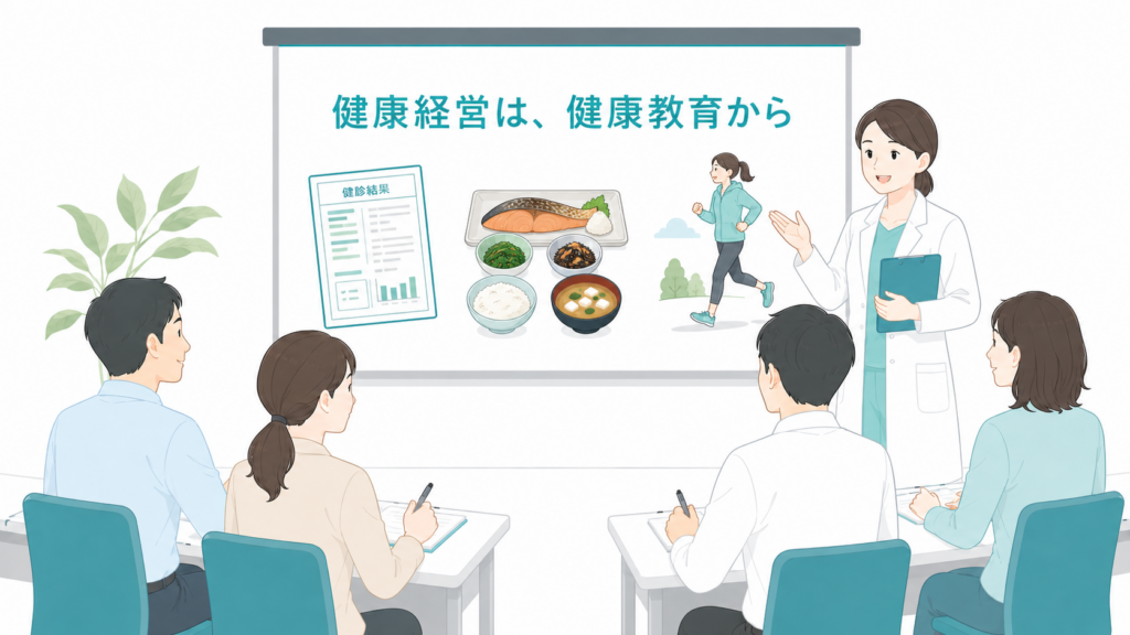 保健師が健康診断の結果の見方や食事・運動について説明する企業向け健康教育セミナーのイラスト