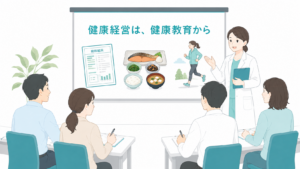 保健師が健康診断の結果の見方や食事・運動について説明する企業向け健康教育セミナーのイラスト